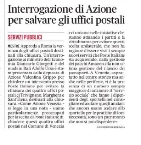 Gazzettino articolo su Interrogazione Grippo su chiusura 4 uffici postali