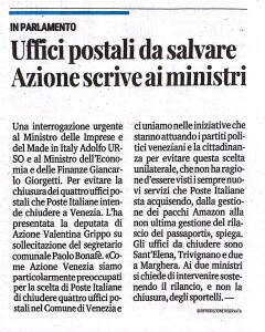 Nuova Venezia articolo su Interrogazione Grippo su chiusura 4 uffici postali