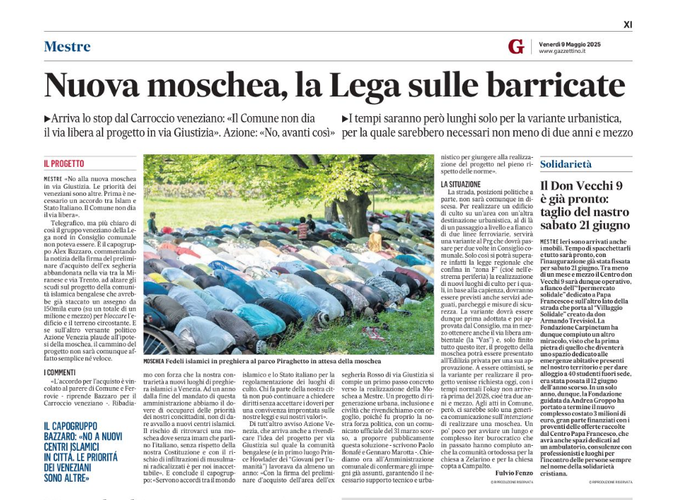 MOSCHEA A MESTRE: ORA È UFFICIALE, LA PROPOSTA DI AZIONE DIVENTA REALTÀ