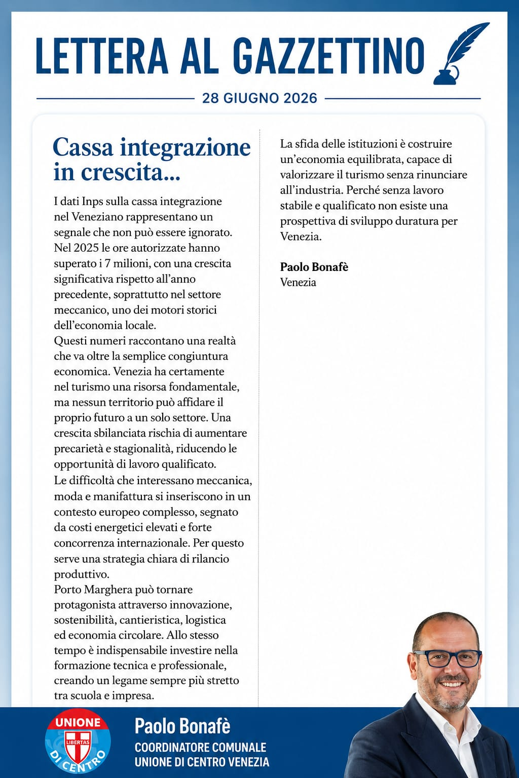 Gazzettino 2026-06-28 Lettera Veneto Cassa integrazione in crescita